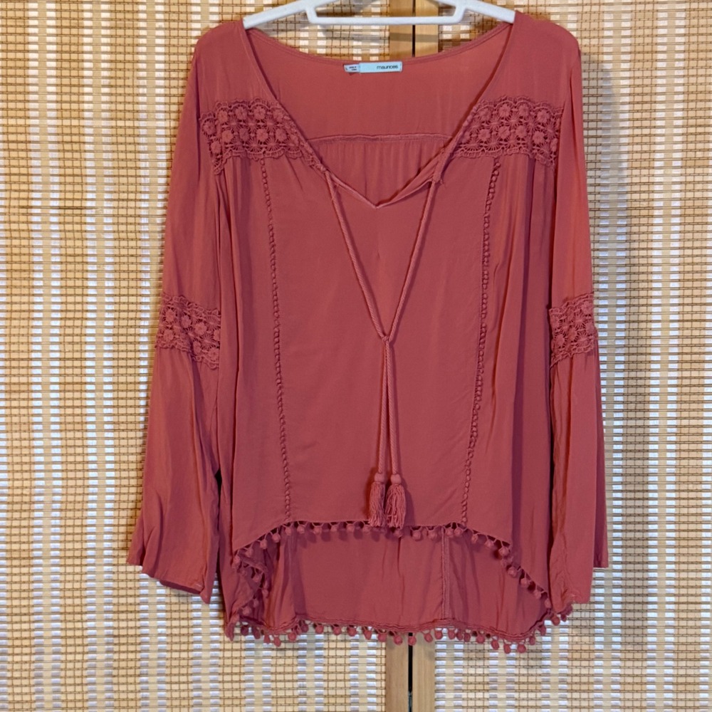 Maurices Terracotta Coral Lace Crochet Pom Pom Trim Tassel Peasant Top Large